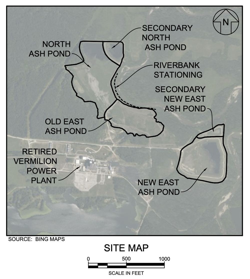 Aerial site map of the retired Vermilion Power Station showing the North, Secondary North, Old East, New East and Secondary New East ash ponds, the retired plant, and the riverbank stationing along the Middle Fork of the Vermilion River.