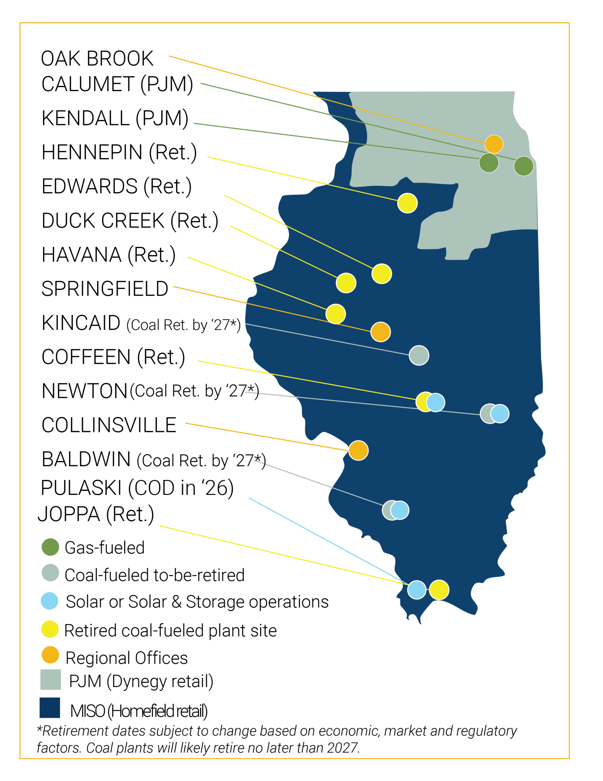 Map of Vistra power plant sites and offices across Illinois